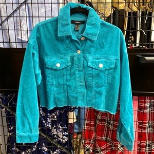 Forever21 Cropped Raw Hem Teal Corduroy Trucker Jacket